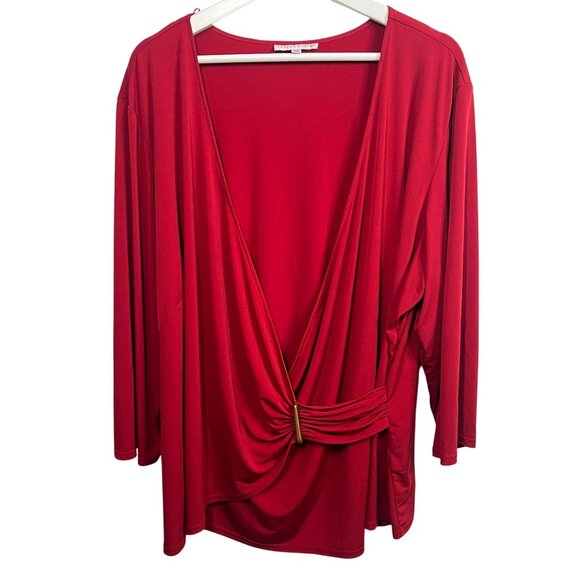 Sandra Darren Plus Size 24W Red Faux Wrap Blouse Womens 3/4 Sleeve Stretch Top - Picture 12 of 12